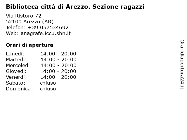 Orari di apertura Biblioteca citt di Arezzo. Sezione ragazzi